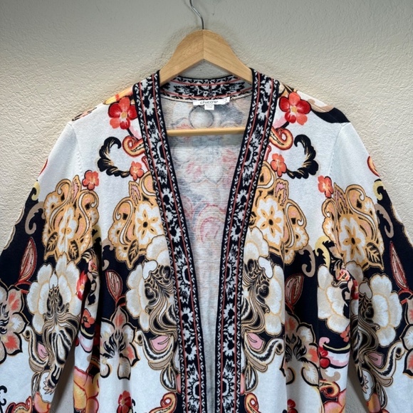Chicos 2 Linen Blend Floral Fringe Long Cardigan Women's US L Lagenlook Boho - Picture 6 of 16